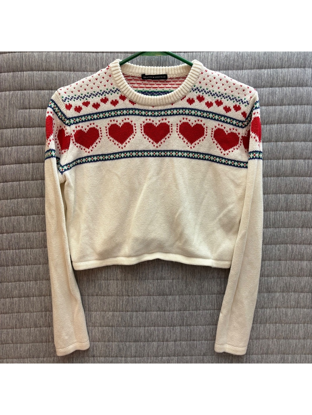 Brandy Melville Ivory Heart Pattern Knit Cropped Sweater XS S Luxury
